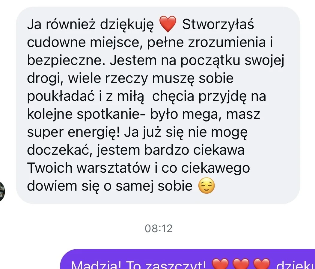 Oryginalna wiadomość od uczestniczki warsztatów dla kobiet Pauliny Jóźwickiej