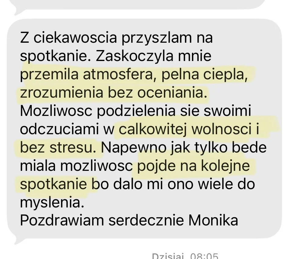 Oryginalna wiadomość od uczestniczki warsztatów dla kobiet Pauliny Jóźwickiej